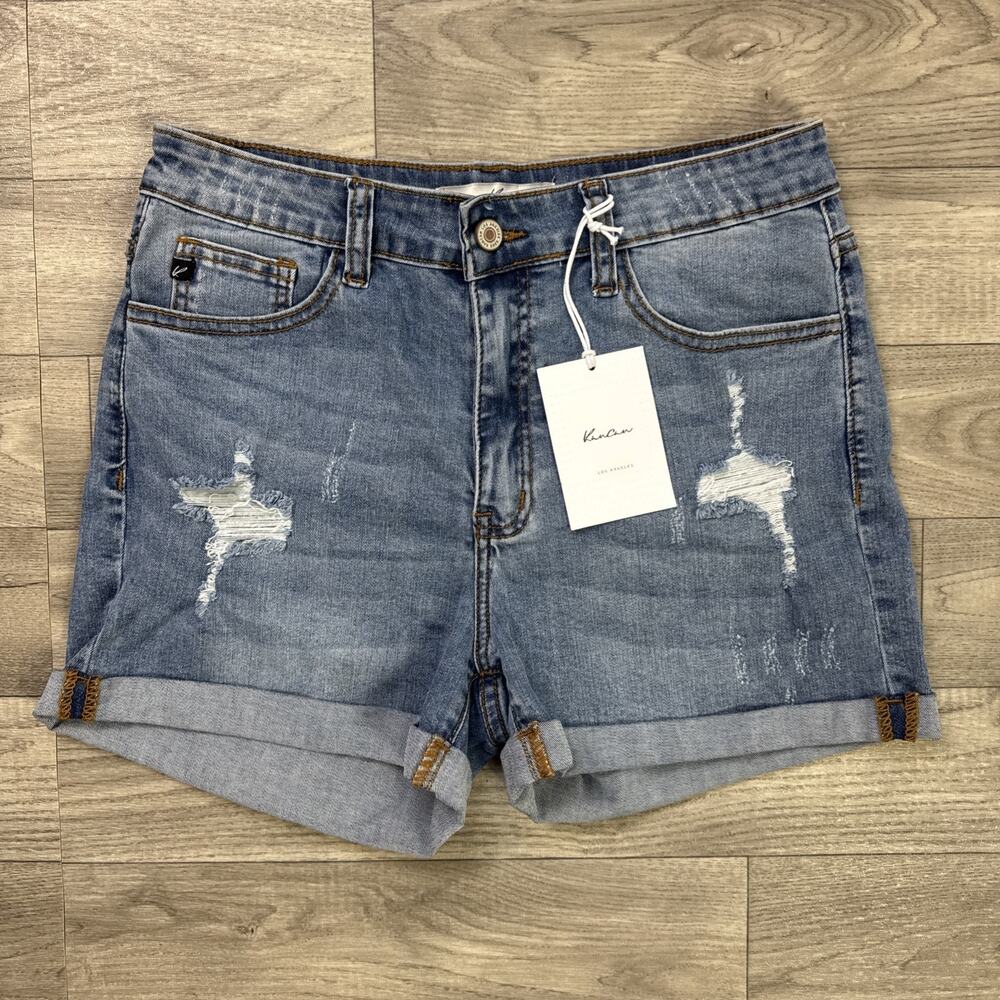 KanCan High Rise Cuffed Denim Jean Shorts Distressed Light Wash sz 11/29